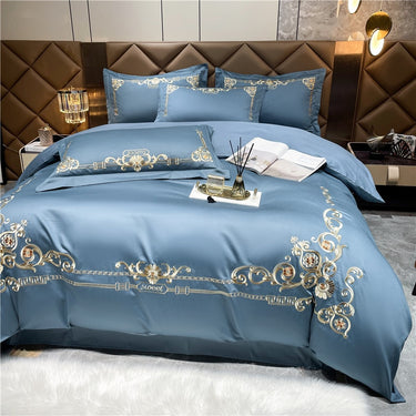 Luxury Blue Gold Baroque Europe Embroidery Duvet Cover Set, Cotton Bedding Set
